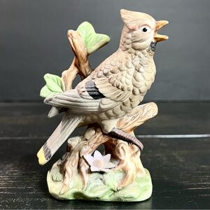 Vintage Cedar Waxwing Ceramic Bird On A Branch w/  Flower & Leaves 4.25”